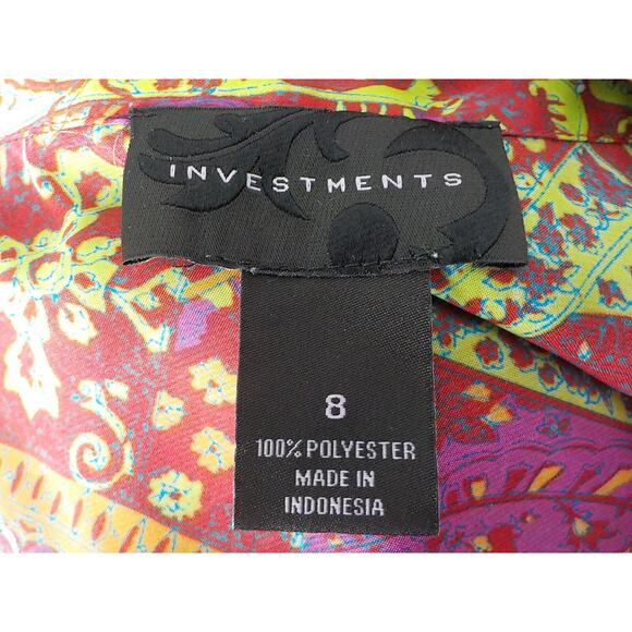 Investments Women 8 Satin Blouse V-Neck Button Up Colorful Boho Floral Bow Tie - Picture 7 of 7